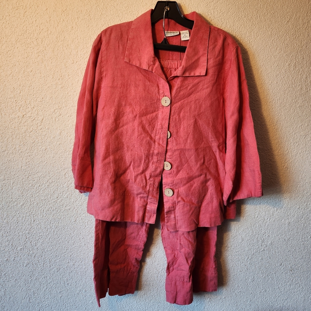 NTCO NOMADIC TRADERS women pink orange 100% linen button up blouse sz Medium EUC